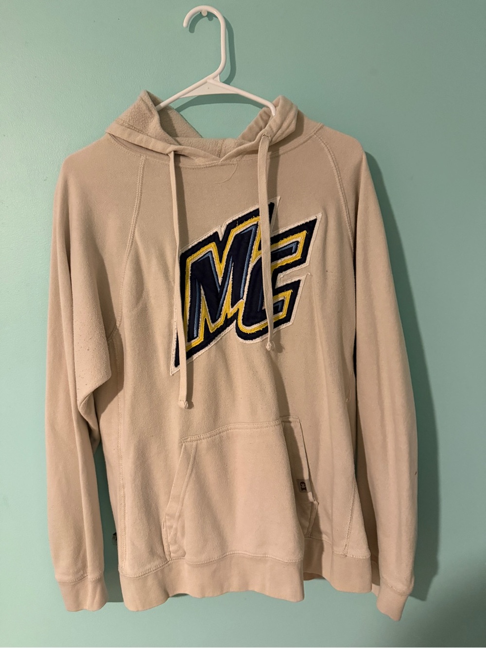 Beige Hooded Pullover Sweatshirt with Merrimack College Patch